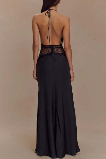 Seductive Details Satin Lace Waist Halter Tie-up Backless Maxi Dress-consonak