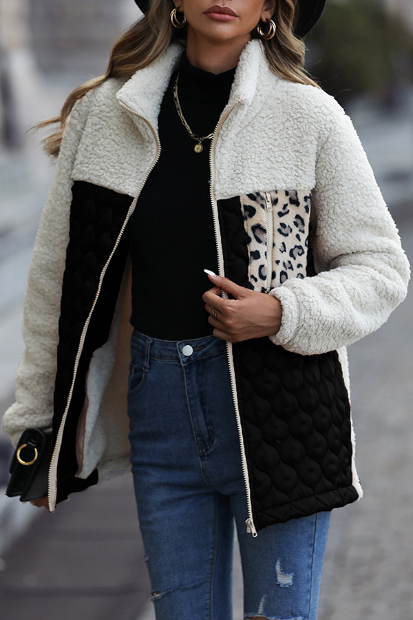 Casual Patchwork Plush Long Sleeve Leopard Print Pocket Loose Zipper Jacket-consonak