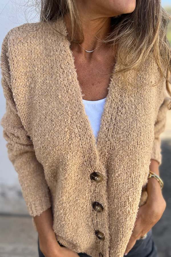 Solid Color V-neck Long-sleeved Fashionable Knitted Cardigan-consonak