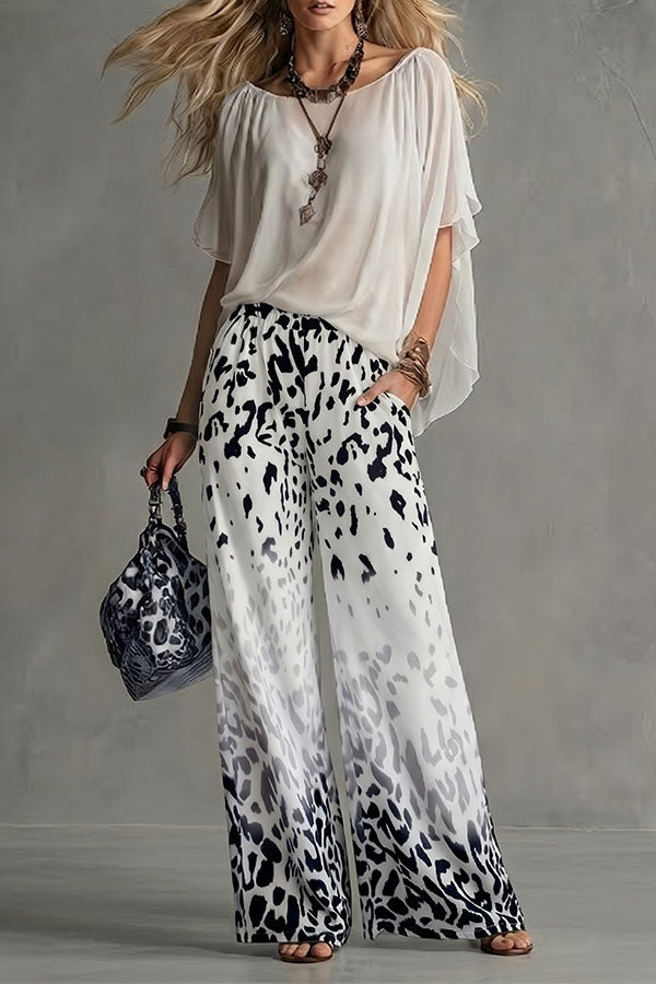 Safari Glam Draped Blouse & Ombre Leopard Wide-Leg Trousers Set-Consonak