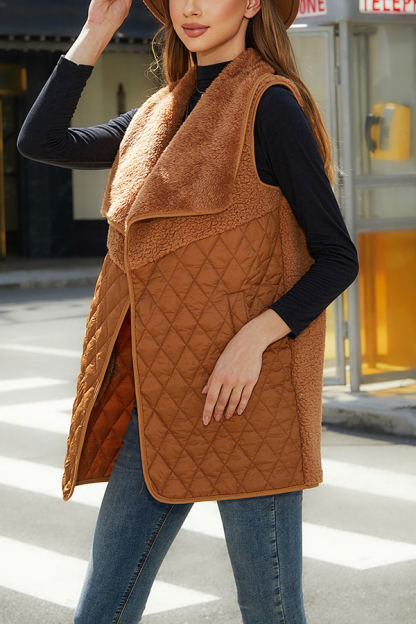 Fashion Plush Patchwork Sleeveless Pocket Vest Jacket-consonak