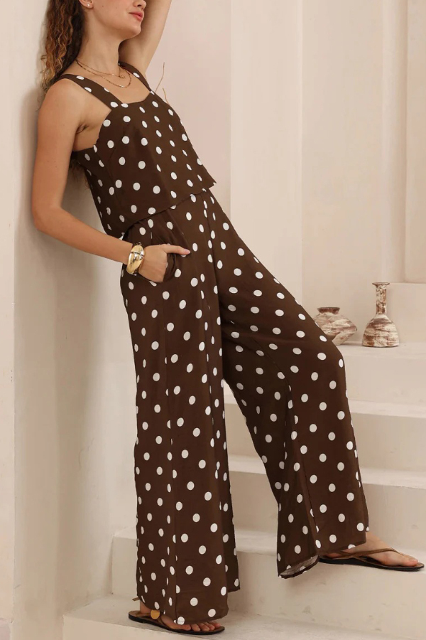 Polka Dot Print Loose Sleeveless Casual Wide-leg Jumpsuit-consonak