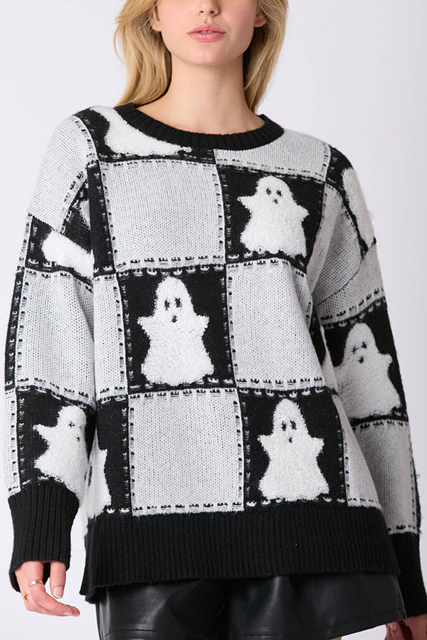 Halloween Plaid Ghost Loose Long Sleeve Knitted Sweater-consonak