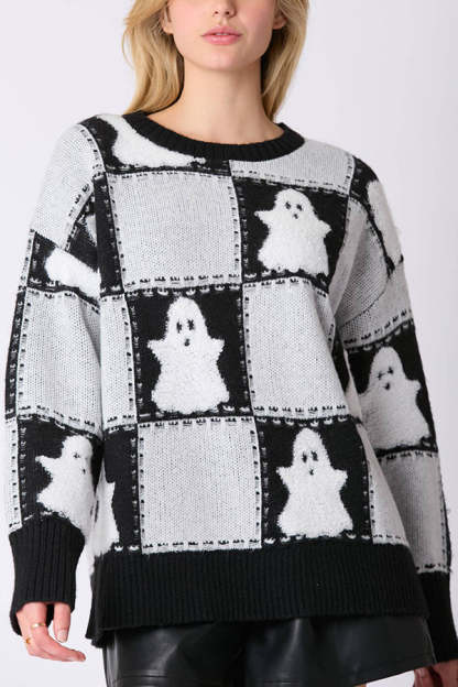 Halloween Plaid Ghost Loose Long Sleeve Knitted Sweater-consonak