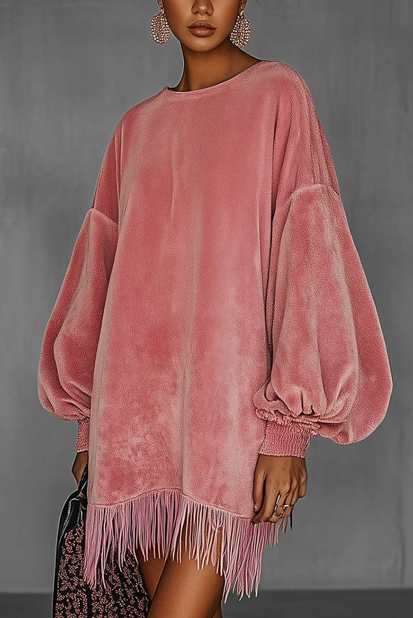 Solid Color Loose Long-sleeved Casual Tassel Hem Mini Dress-consonak