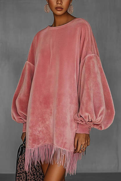 Solid Color Loose Long-sleeved Casual Tassel Hem Mini Dress-consonak