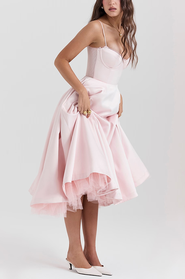 Fairytale Vibe Satin Patchwork Tulle Sweetheart Neck Pocket Stretch Midi Dress-consonak