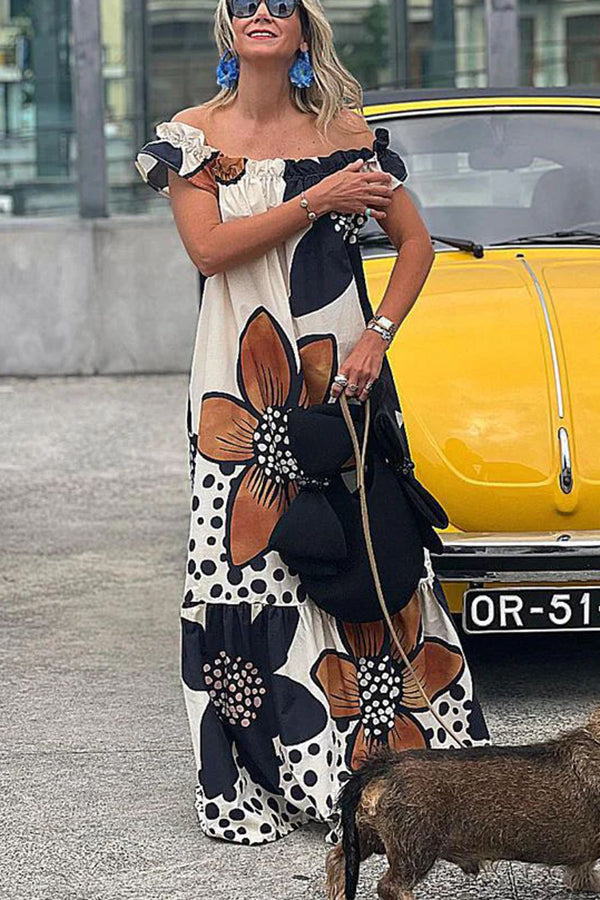 Bloom Season Linen Blend Floral Printed Off Shoulder Pocketed A-line Maxi Dress-consonak