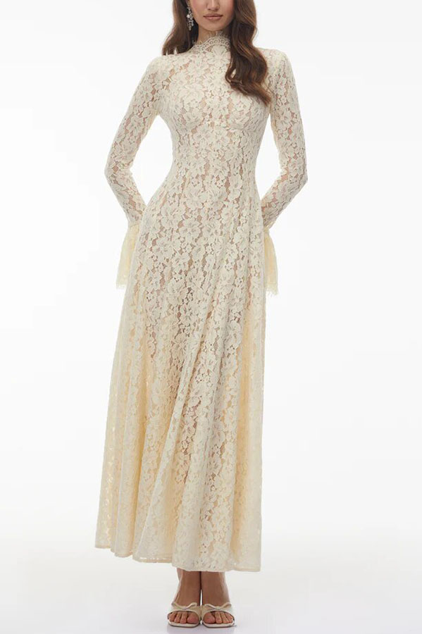 Nasrin Floral Lace Mock Neck Long Bell Sleeve Pleated Hem Maxi Dress