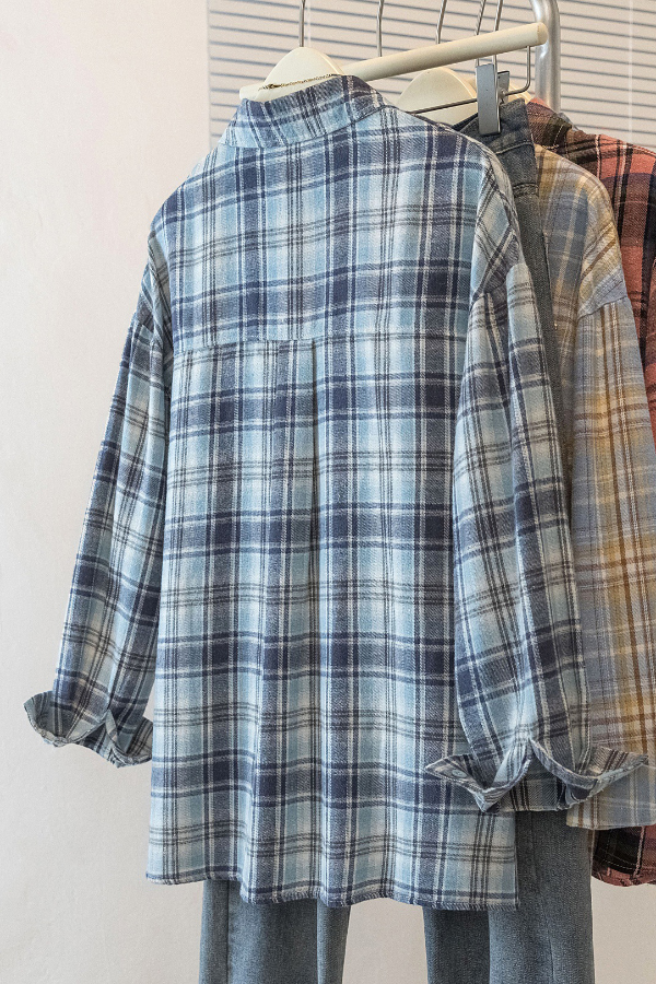 Stylish Plaid Collared Long-sleeved Pockets Casual Loose Shirt