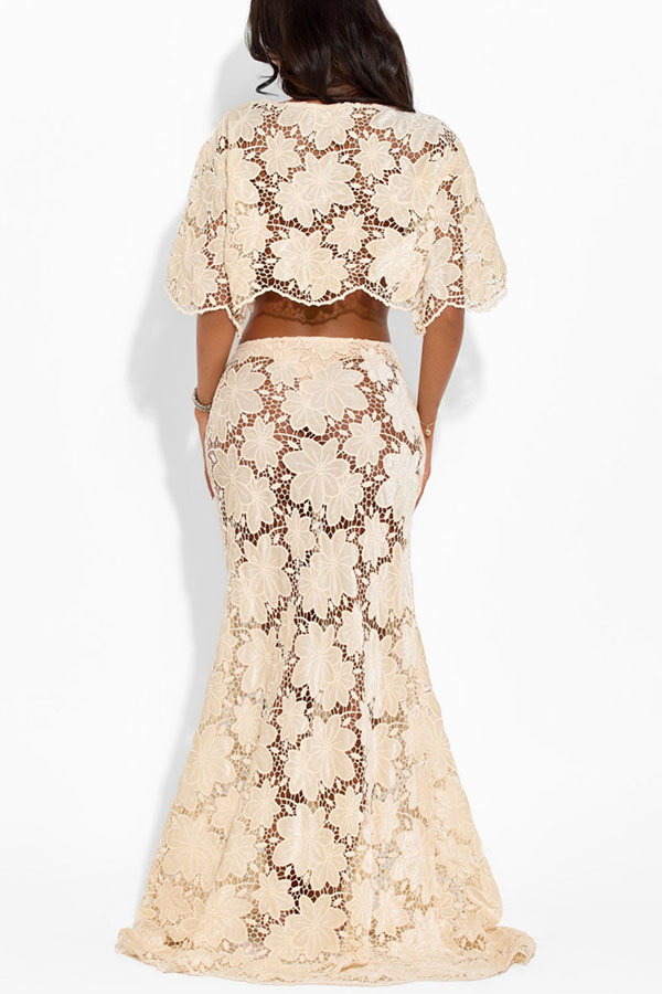 Modern Allure Floral Embroidery Lace Bell Sleeve Crop Top and High Rise Flare Maxi Skirt Set