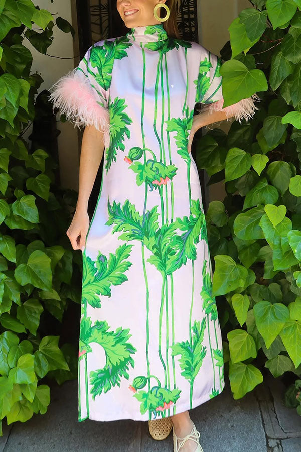 Darling Satin Botanical Print Tie-up Neck Half Sleeve Feather Trim Caftan Midi Dress | Consonak