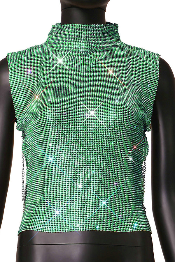 Sexy High-neck Rhinestone Metallic Top-consonak