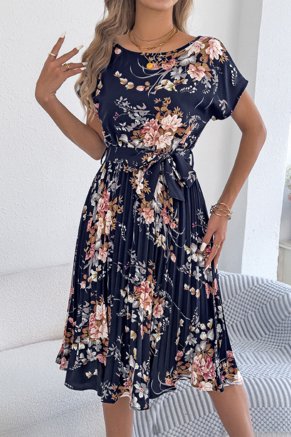 Floral Print Round Neck Fitted Waist Tie Pleated Midi Dress-consonak