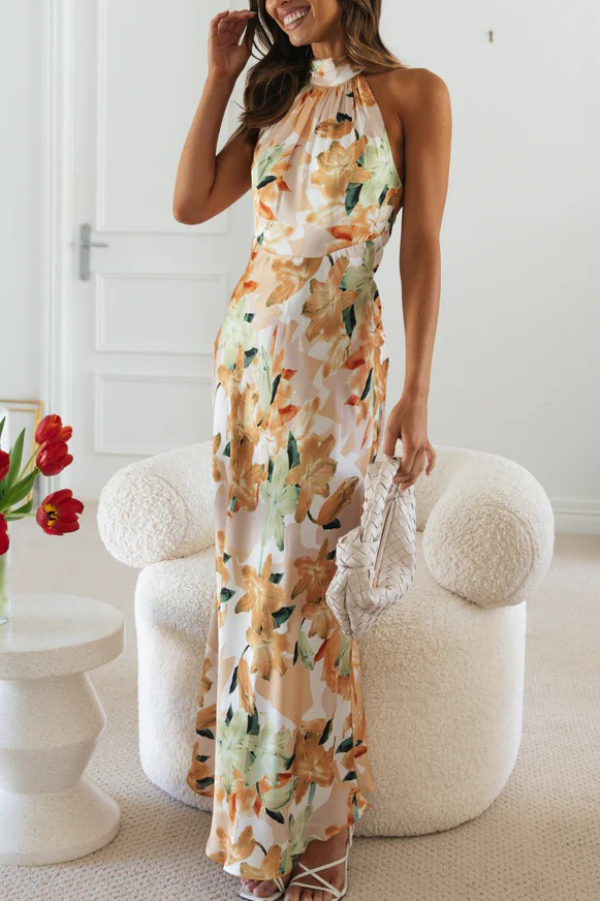 Floral Print Sleeveless Halter Neck Tie Holiday Maxi Dress-consonak