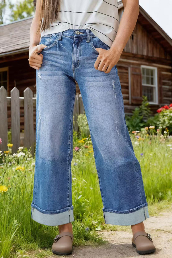 Stylish Loose Pockets Casual Rolled-up Straight-leg Jeans