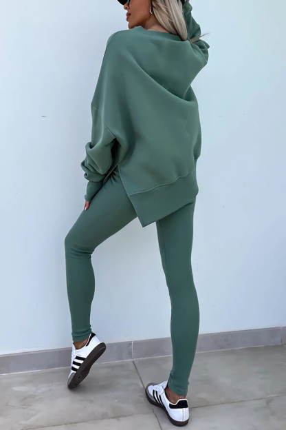 Solid Color Loose Long Sleeve SlitSweatshirt and Elastic Waist Tight Pants Set-consonak