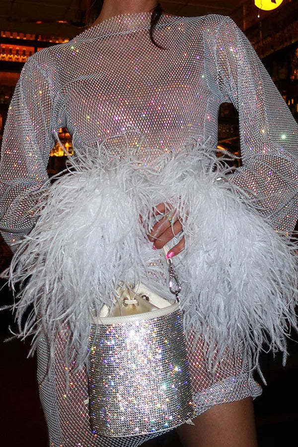 Night Surprise Rhinestone Fabric Feather Sleeve Party Mini Dress-consonak