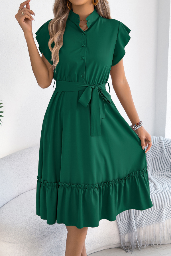 Solid Color Stand Collar Button Waist Tie Casual Midi Dress-consonak
