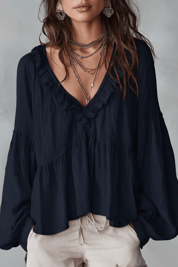 Solid Color V-neck Ruffled Puff Sleeve Loose Casual Top | Consonak