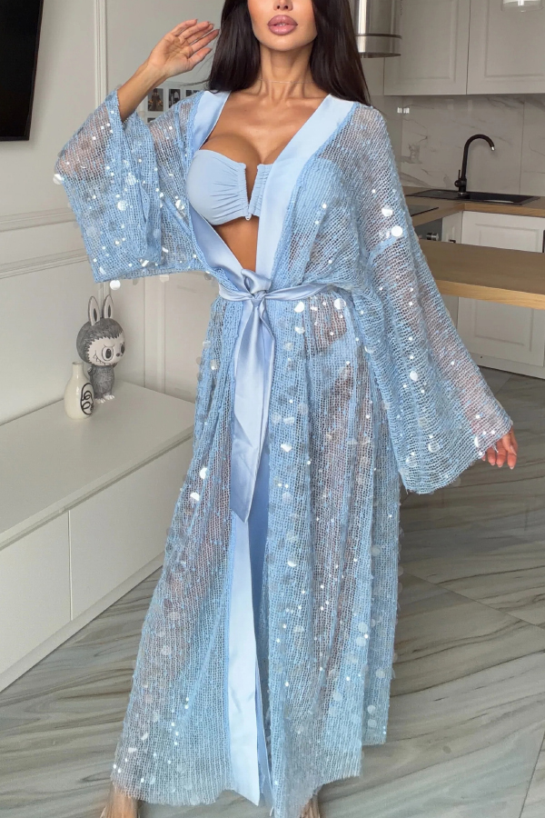 Fashionable Sequined Loose Long-sleeved Tie-front Holiday Casual Cover-up