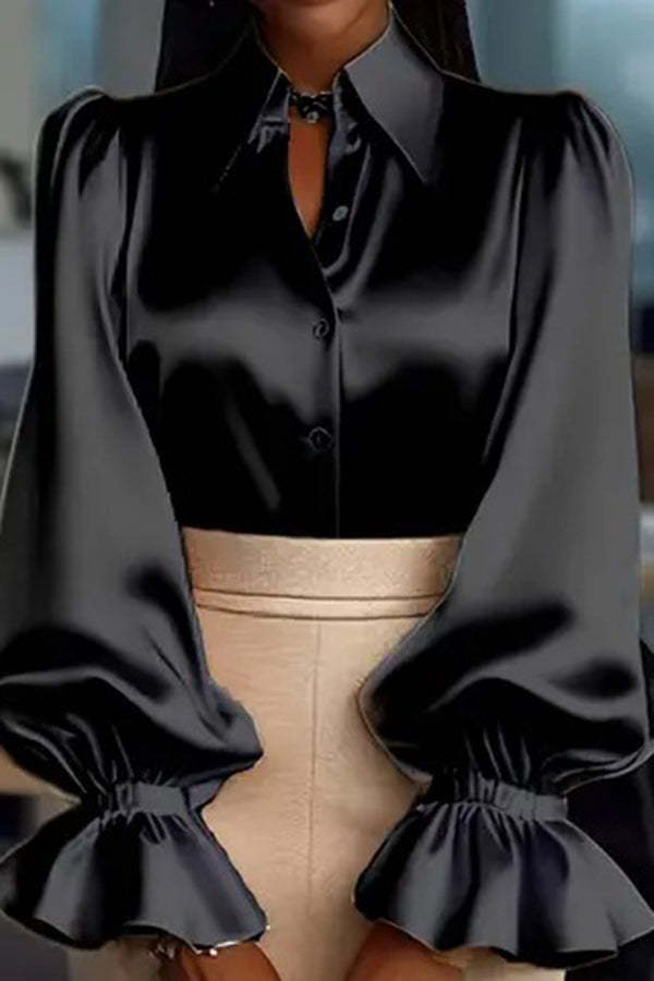Solid Color Satin Puff Sleeve Casual Button-down Shirt-consonak