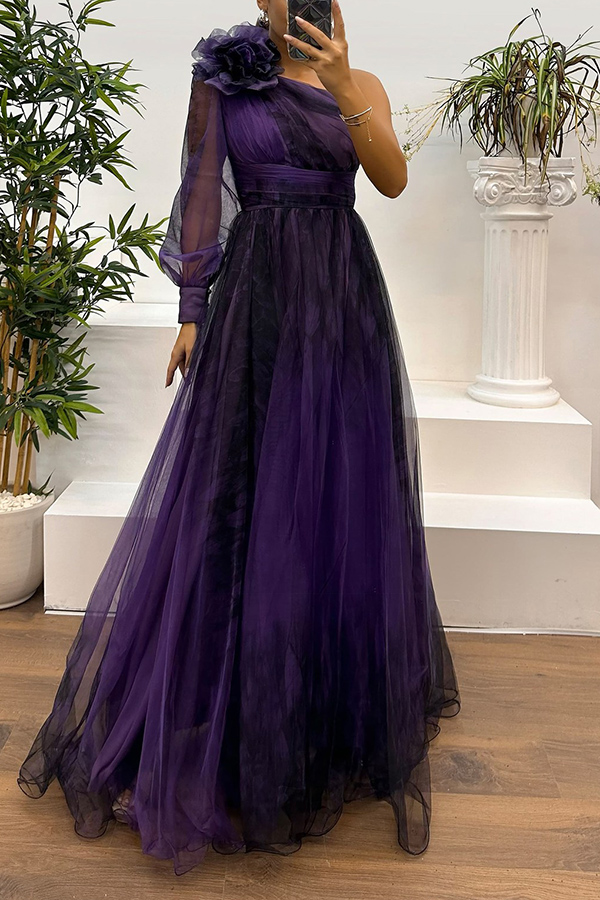 Guest List Tulle Printed Flower Pendant One Shoulder Pleated Slit Maxi Dress-consonak