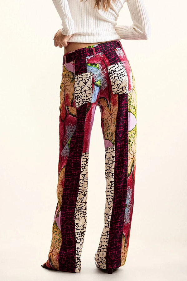 Fashion Patchwork-style Print Mid Rise Elastic Waist Pocket Straight Drape Pants