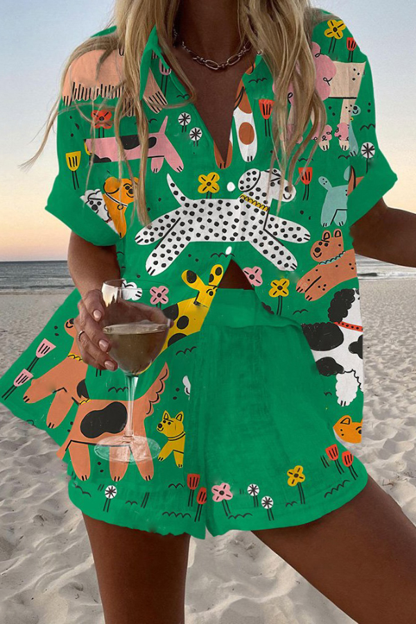 Dog Paradise Print Loose Button Elastic Waist Shorts Set-consonak