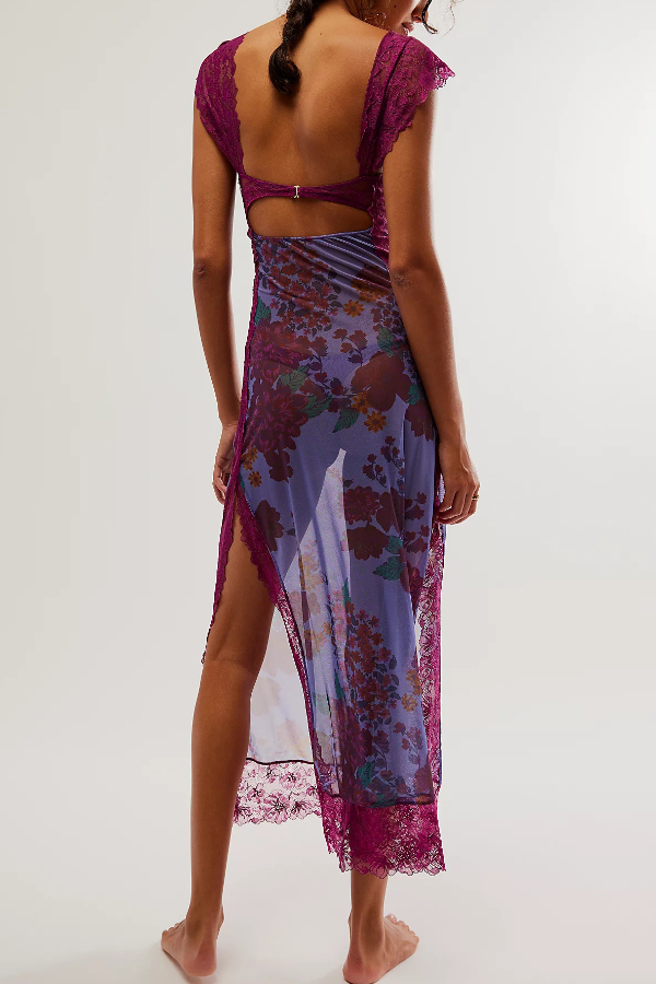 Floral Print Lace Patchwork Hollow-out Slim-fit Midi Dress-consonak