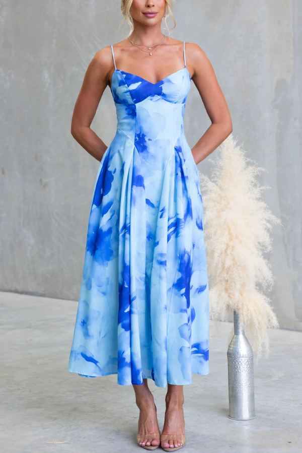 Floral Print Spaghetti Strap Backless Holiday Maxi Dress-consonak