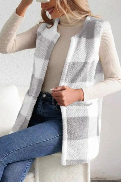 Fashionable Plaid Loose Pocket Sleeveless Jacket-consonak