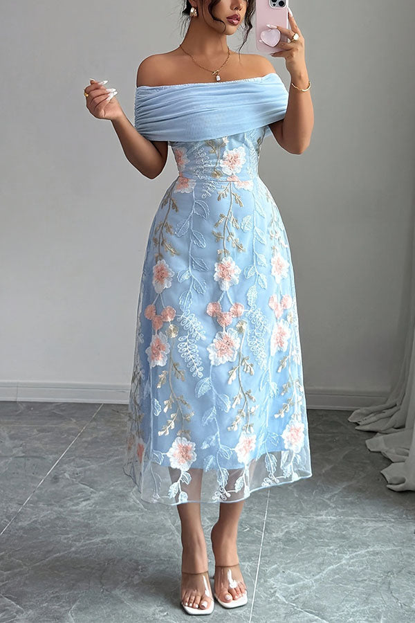 Elegant Ruched Off-Shoulder Floral Appliqué Midi Dress-Consonak