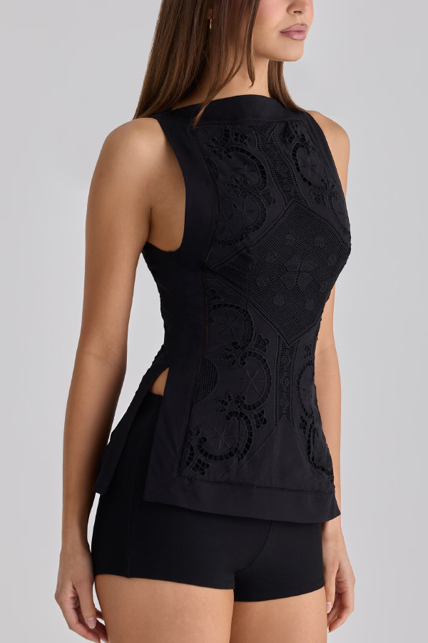 Exquisite and Beautiful Cutout Lace Embroidery Design Boat Neck Sleeveless Slit Top