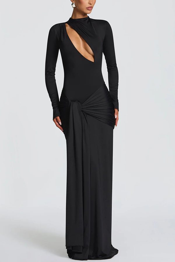 Sexy Cutout Fitted Long-sleeved Pleated Satin Ribbon Maxi Dresses-consonak