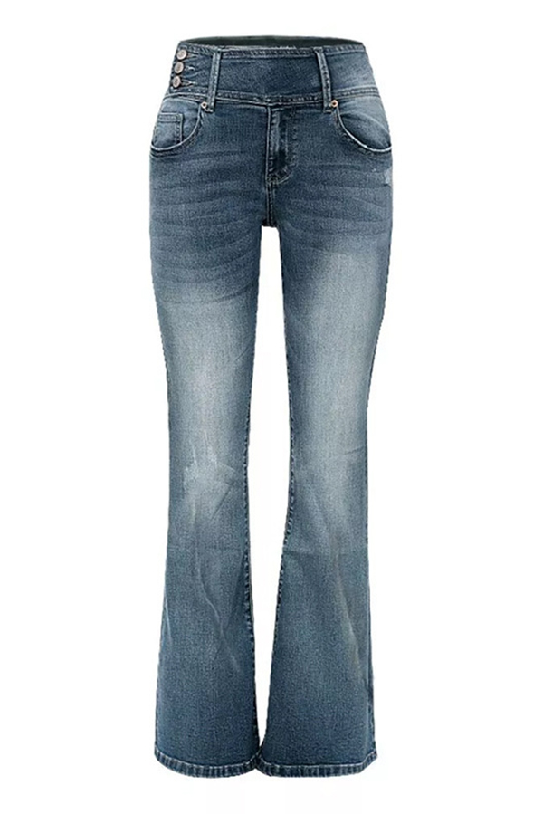 Vintage Side Button Pocket Mid-rise Flared Jeans-consonak