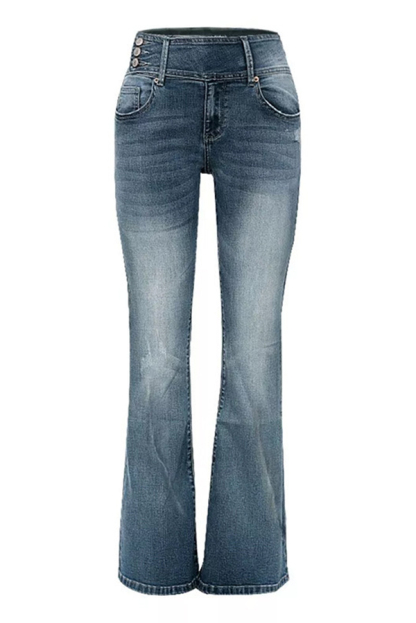Vintage Side Button Pocket Mid-rise Flared Jeans-consonak