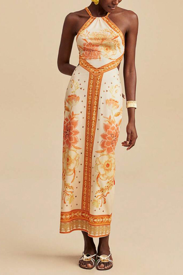 Floral Print Sleeveless Backless Tie Slim-fit Vacation Maxi Dress