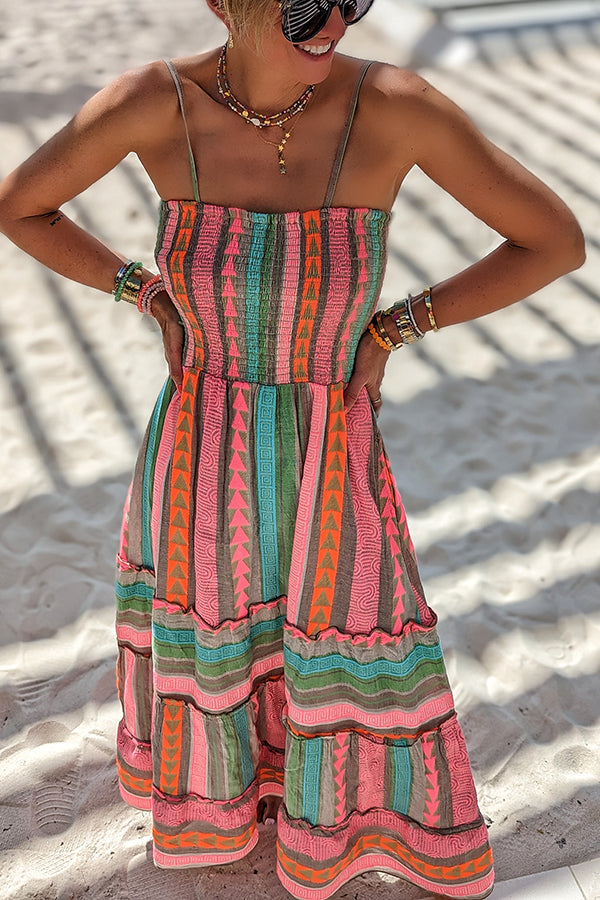 Plenty of Sunshine Linen Blend Ethnic Print Smocked Cami Midi Dress | Consonak