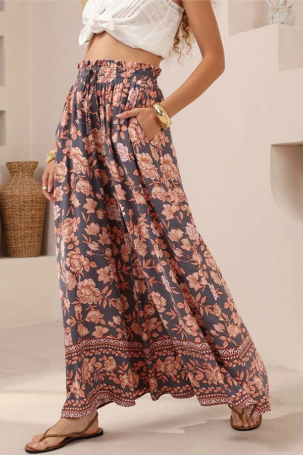 Floral Print Casual Elastic Waist Pocket Loose Wide-leg Pants-consonak