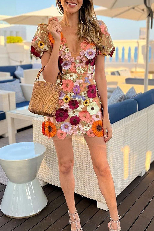 Garden Gala Embroidered Floral Applique Puff Sleeve Mini Dress-consonak