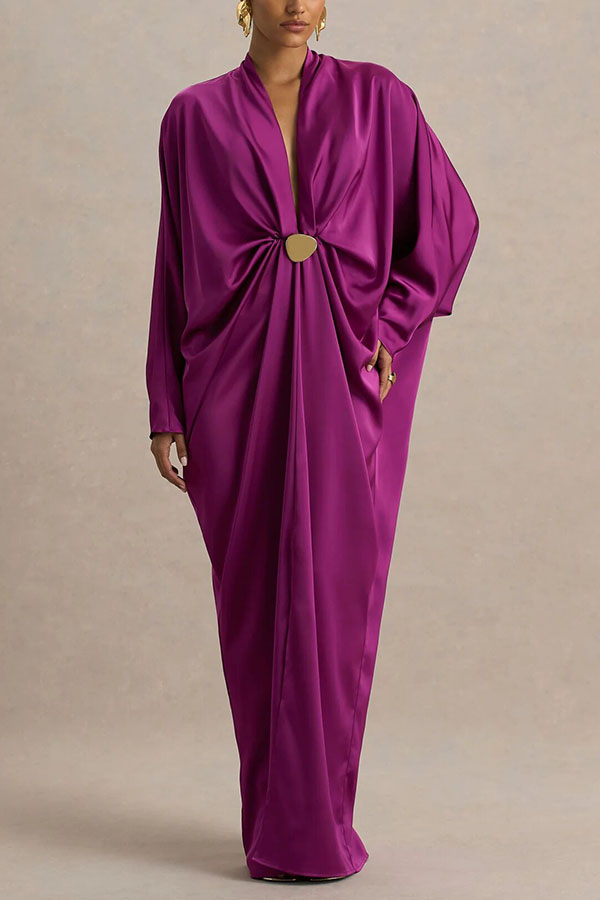 Tina Satin Plunge V-neck Gold Trim Detail Long Batwing Sleeve Maxi Dress | Consonak