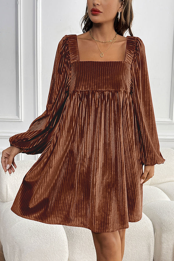 Solid Color Velvet Square Neck Long Sleeve Pocket Casual Mini Dress-consonak