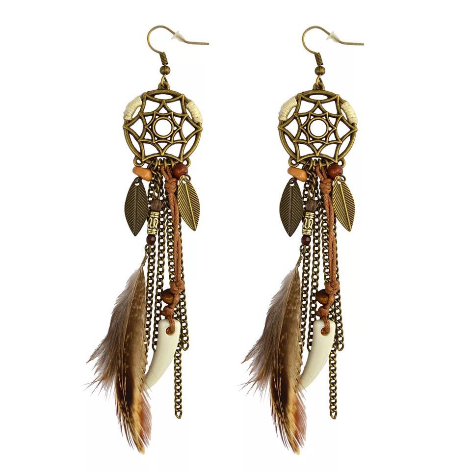 Boho Vintage Colorful Feather Tassel Dangle Drop Earrings | Consonak