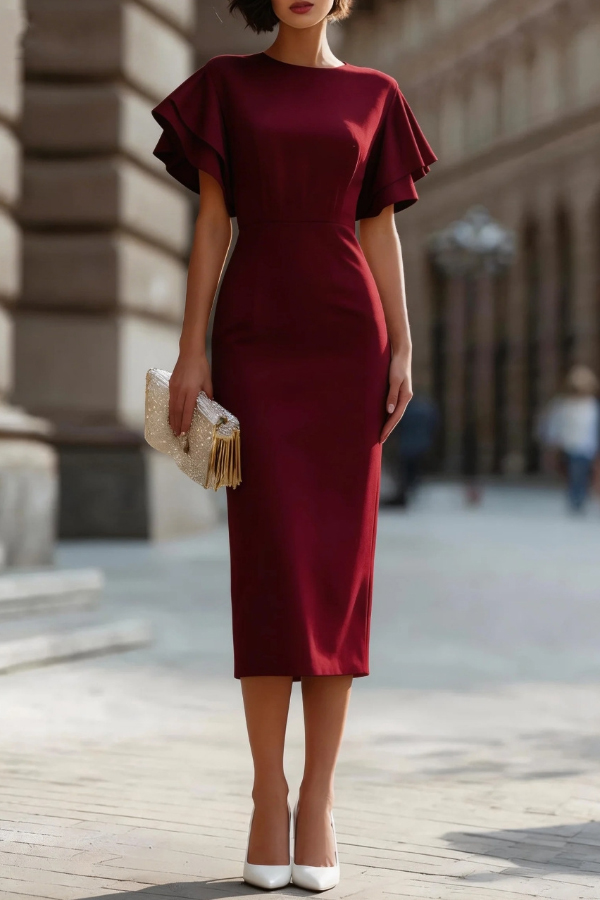 Solid Color Round Neck Ruffle Sleeve Elegant Slim-fit Midi Dress | Consonak