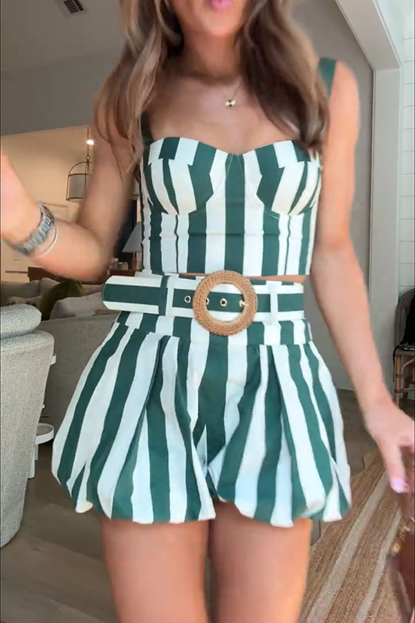 Claudine Striped Heart-shaped Smocked Tank and Raffia Buckle Belted Pocket Bubble Shorts Set