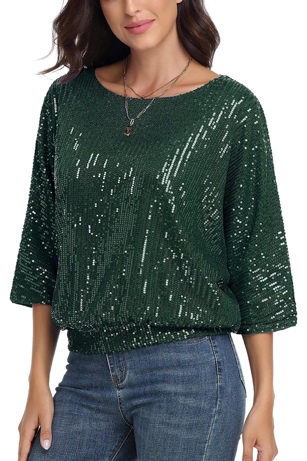 Solid Color Sequined Loose Round Neck Casual Top-consonak