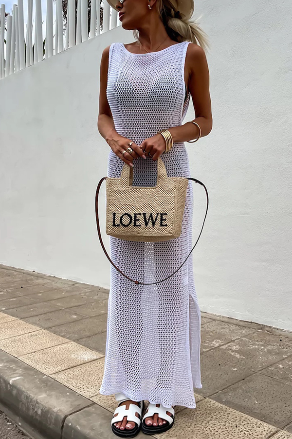 Solid Color Knitted Cutout Slit Slim Fit Maxi Dress-consonak