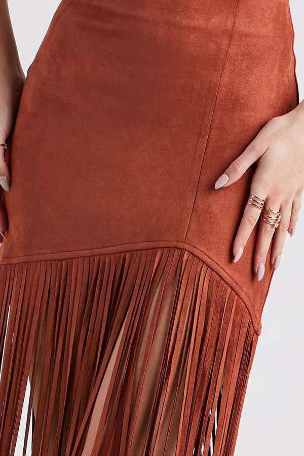 Stylish Tassel Hem Slim-fit Suede Casual Midi Skirt-consonak
