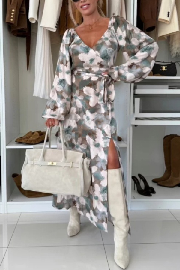 Unique Printed V-neck Long-sleeved Waist Tie Slit Maxi Dress-consonak
